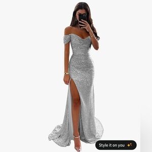 Elegant Silver Off-Shoulder Evening Gown